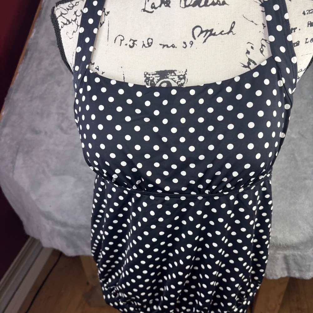 Lands End Tankini Top Womens 12 Black White Polka Dot Halter Built-in Bra Retro - Picture 12 of 14